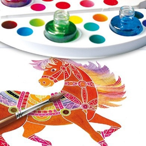 Акварельная раскраска – Лошади, с красками  